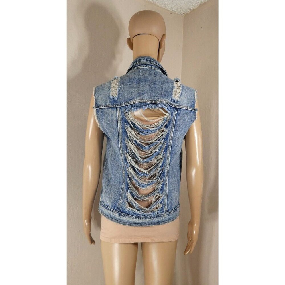Trucker Denim Punk Vest Distressed w Chains ChiQle Denim Architect Womens Medium